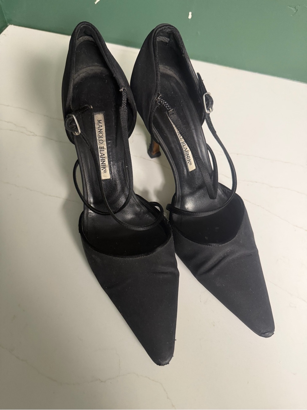 Manolo Blahnik Black Pointed Satin Mary Jane Heels. Party Girl Special. As Is.